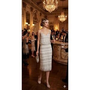 Vintage Inspired Adrianna Papell Art Deco Beaded Silver Lattice Sheath Dress